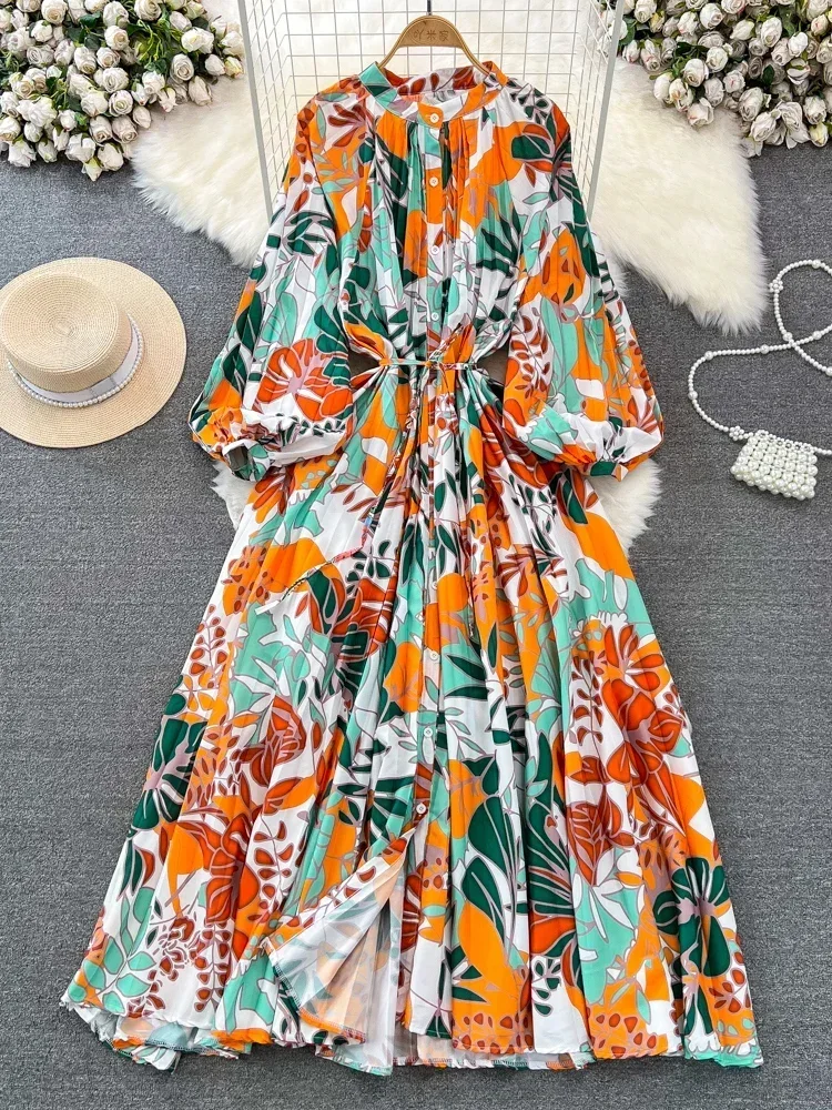 New Spring Retro Print Pleated Long Maxi  Dress Femininity Small Stand-up Collar Puff Sleeve Slim Holiday Dress A99