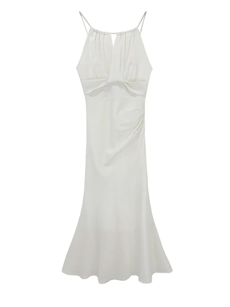 우아한 여름 새틴 피쉬테일 드레스 여성 패션 슬림핏 랩 어라운드 하이웨이스트 민소매 라운드넥 롱 드레스