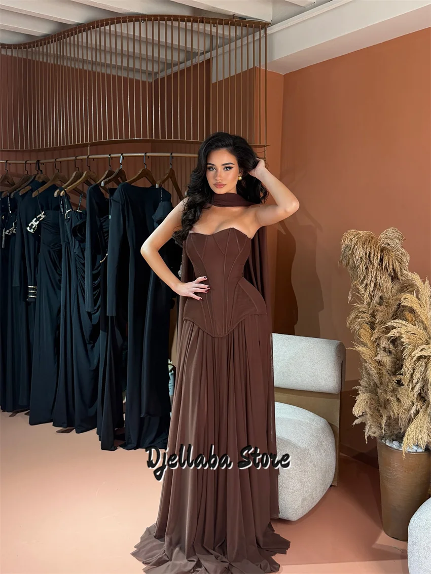 فساتين سهرة بنية رائعة مخصصة للنساء مشد شيفون ماكسي مع شال فستان حفلات الزفاف حسب الطلب