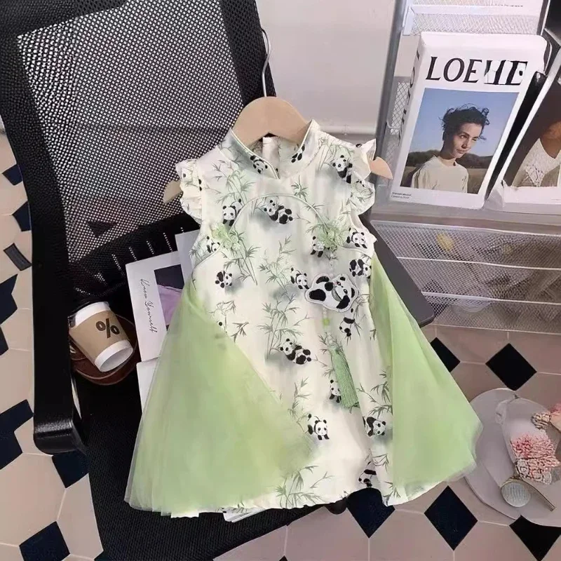 Summer Girl Dress New Fashion Exquisite Girl ClothesSweet Elegant Cheongsam Skirt Mesh Temperament Cute Cartoon Princess Dress