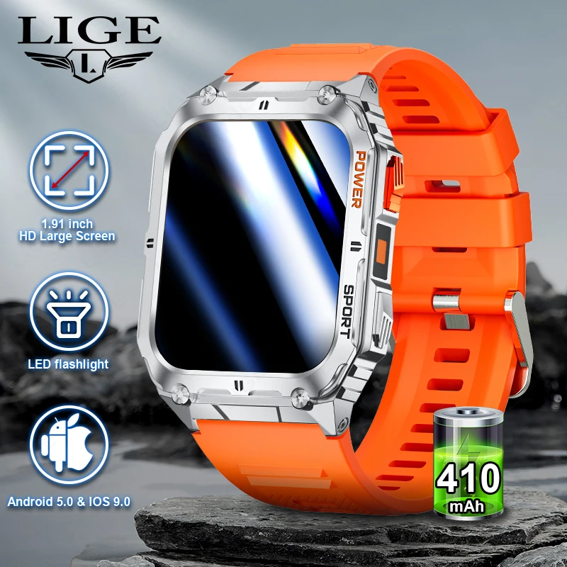 LIGE High End Smartwatch Military Sport Men Smart Watch Flashlight Waterproof Watches Blood Pressure Monitoring Wireless Calling