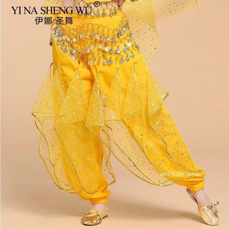 Damskie spodnie do tańca brzucha Bollywood Oriental Indian Dance Practice Costume Chiffon Trousers Gold Trim Rotating Pants