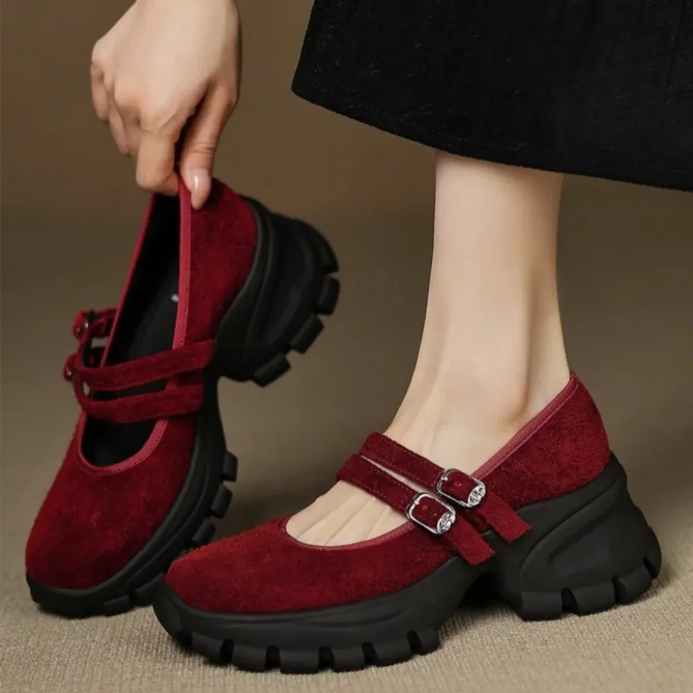women height heel Shoes Genuine Leather Shallow Mouth Square Head One Line Buckle French Mary Jane Ballet Single Shoes for Women
