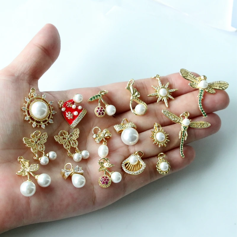 10 قطعة/18 كيلو الذهب مطعمة الزركون اللؤلؤ قلادة الإكسسوار القوس الجوف شرابة قلادة سوار ذاتي الصنع قلادة صنع المجوهرات