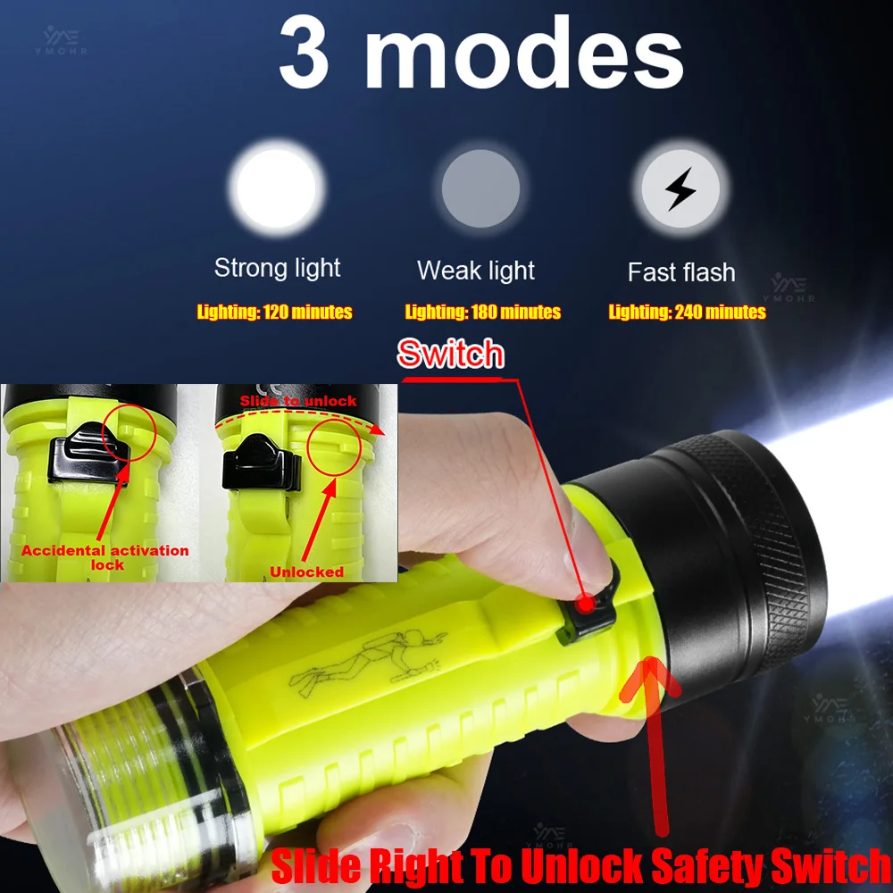 IPX8 Waterproof LED Diving Flashlight Underwater Lamp Professional Scuba Diving Torch High Power Flashlight with Magnetic Switch