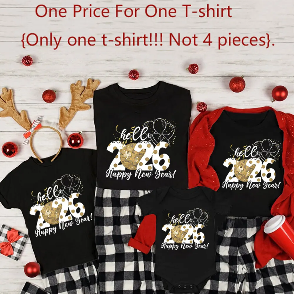 مرحبا 2026 الأسرة مطابقة الملابس سنة جديدة سعيدة أبي أمي الاطفال قميص الطفل رومبير الأسرة تي شيرت عطلة حفلة نظرة الزي تيز