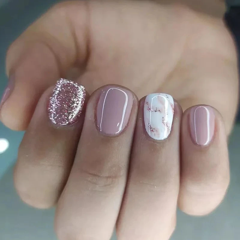24 uñas cortas francesas con brillo y glitter, incluye 1 gel jelly y 1 lima de uñas