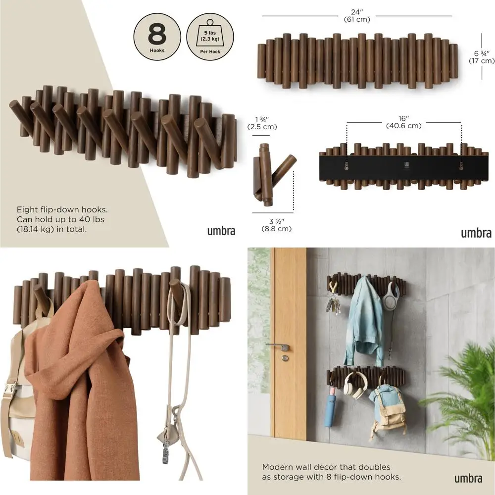 

Настенная вешалка для одежды из орехового дерева с 8 откидными крючками для домашнего хранения