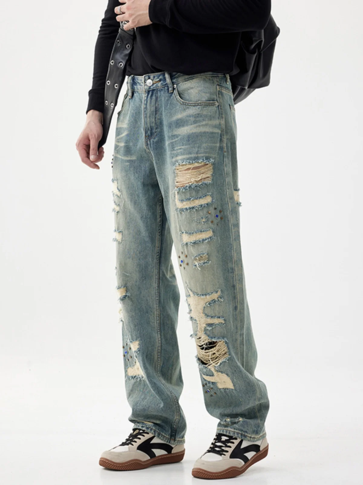 

Мужские модные джинсы в американском стиле, свободного прямого кроя, с эффектом потертости, повседневные, длинные брюки, прочные, со средней посадкой, на молнии.