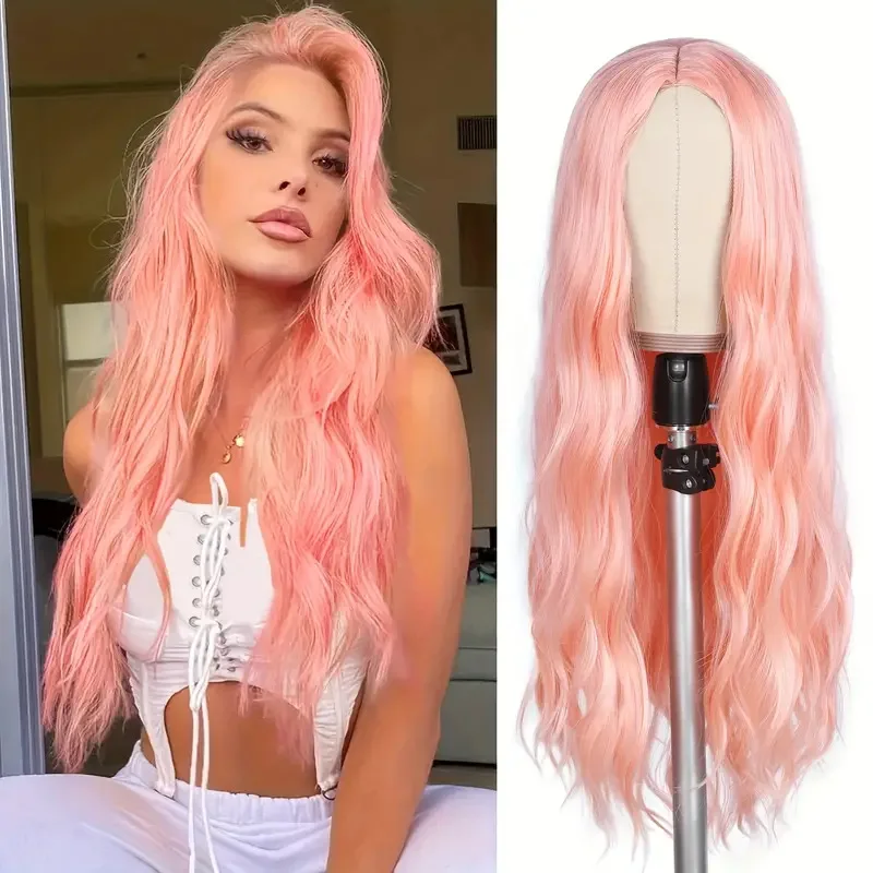 

New wigs with feminine slender curly hair, pink center split fashionable wig wigs pink wig cosplay wig