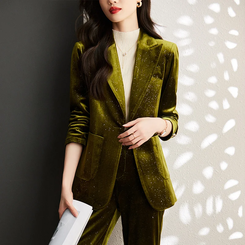 High Quality Bright silk Shiny Velvet Autumn Winter Blazer Women\' Business Suits with Sets Work Wear Office Uniform Pants Jacket