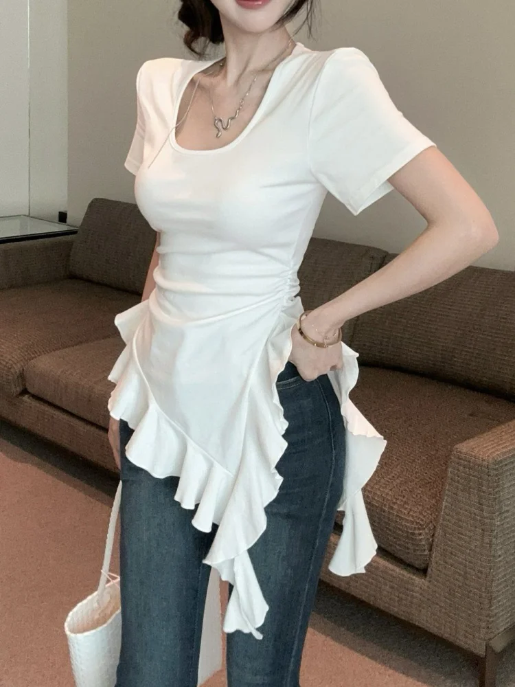 Rüschen-Kurzarm-T-Shirts Mode Damen Y2K Unregelmäßige Koreanische Oberteile Lässige Sommer-Herbst-Schicke Quadratische Kragen-Tees – Detail 2