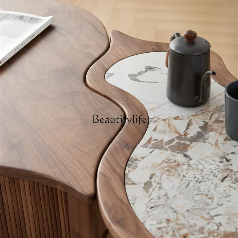 ld36*Black walnut solid wood light luxury minimalist rock slab living room tea table auspicious Fulu ornament