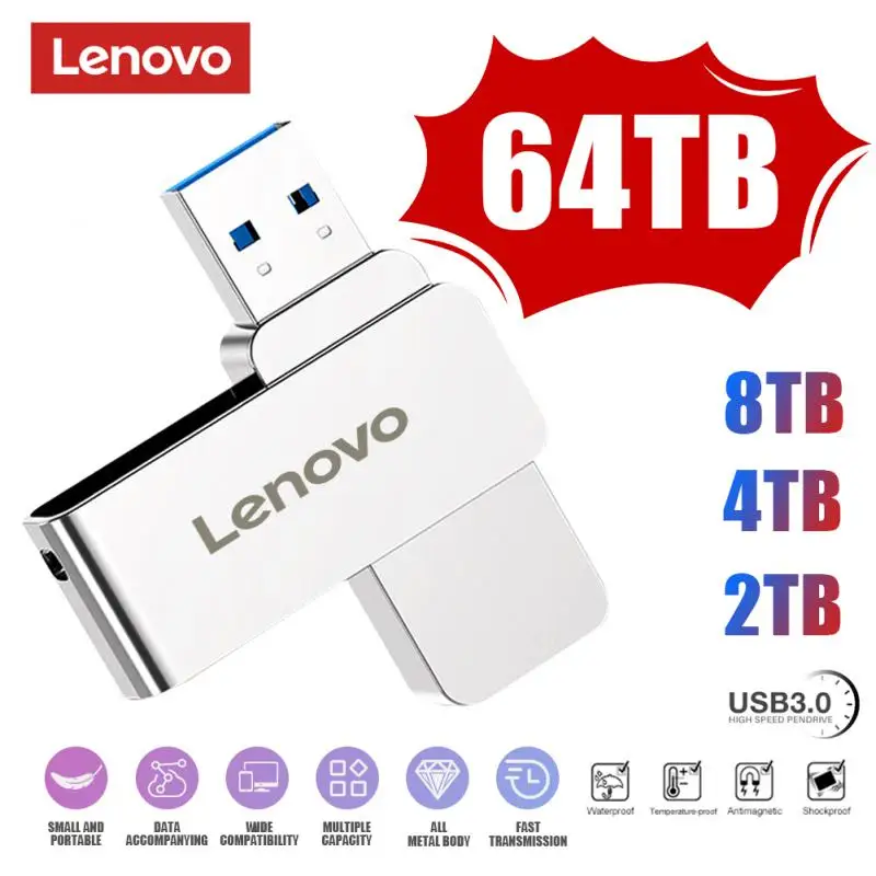 Original Lenovo USB Flash Drive 2TB USB 3.0 Interface Real Capacity 16TB 64TB Pen Drive High Speed Flash Disk 520mb/s For Laptop