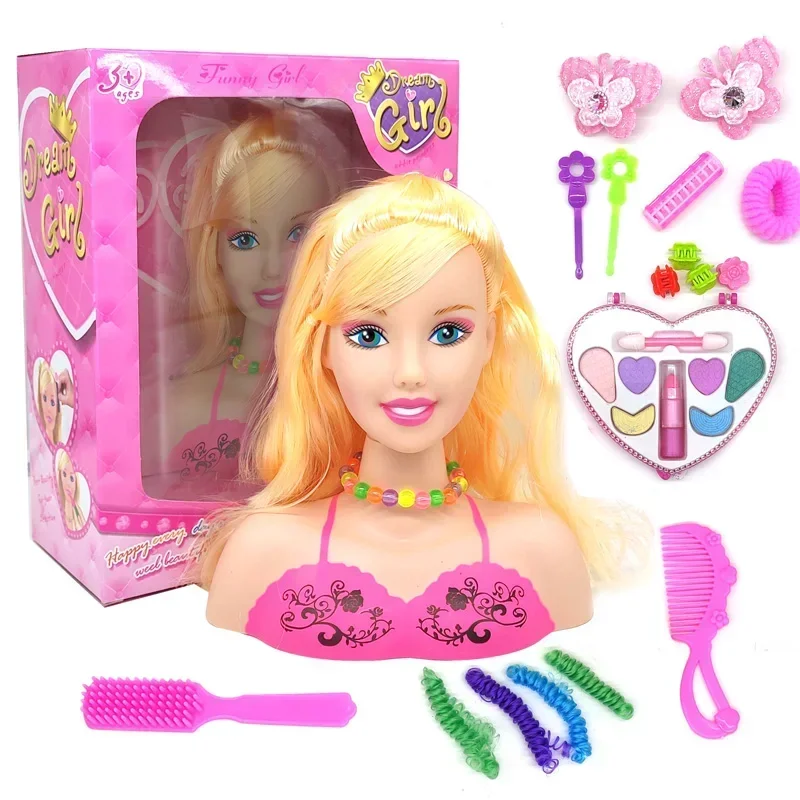 Makeup Pretend Playset for Girls, 17Pcs Hairdressing Styling Head Doll Makeup with Hair Dryer