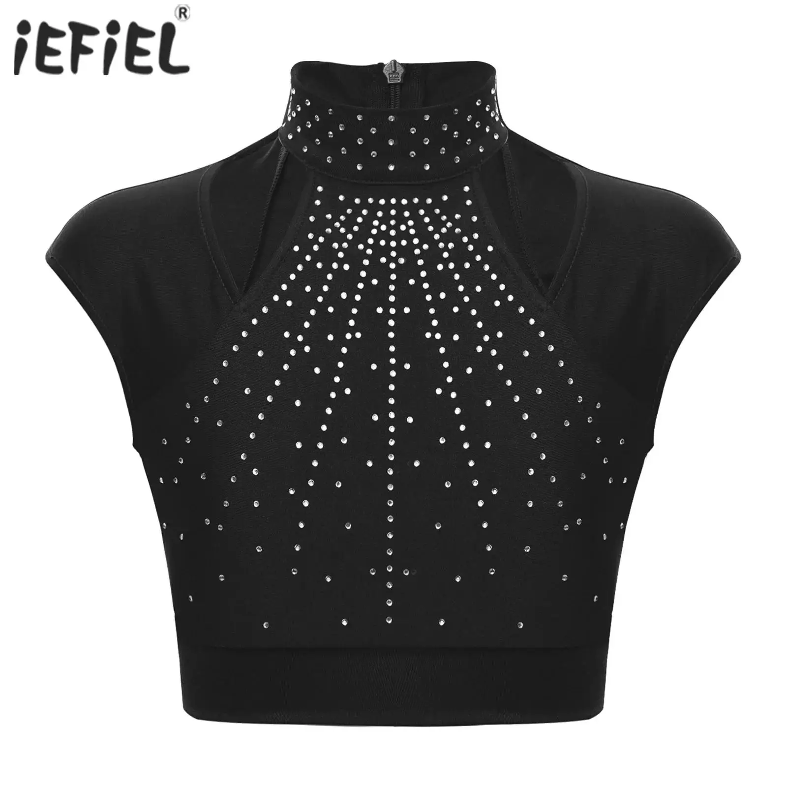 Kids Girls Crop Tops Sleeveless Cutout Rhinestones Ballet Dance Sleeveless Vest for Figure Skating Dance Gymnastics Performance