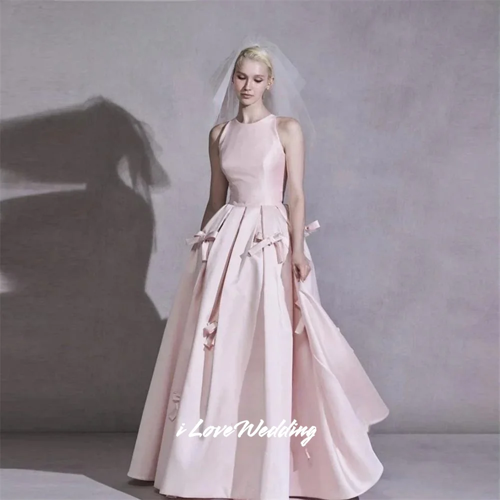 Roze O-hals Strikjes Galajurken Satijn Mouwloos A-lijn Rok Avondjurk Vloerlengte فستان • Daugة muna Op maat