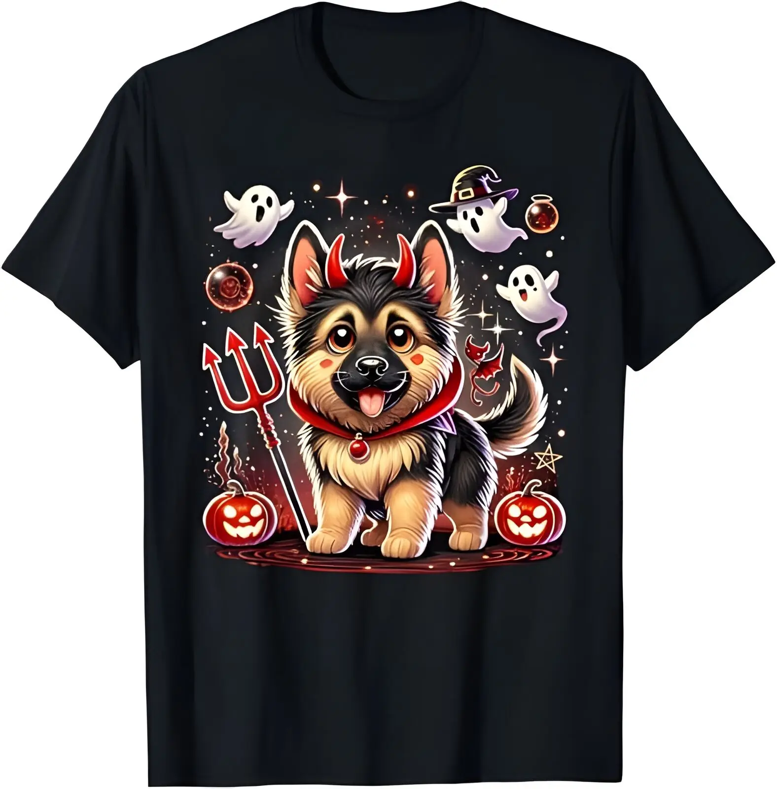 

Cute little dog in Halloween devil pumpkin and ghost T-shirt