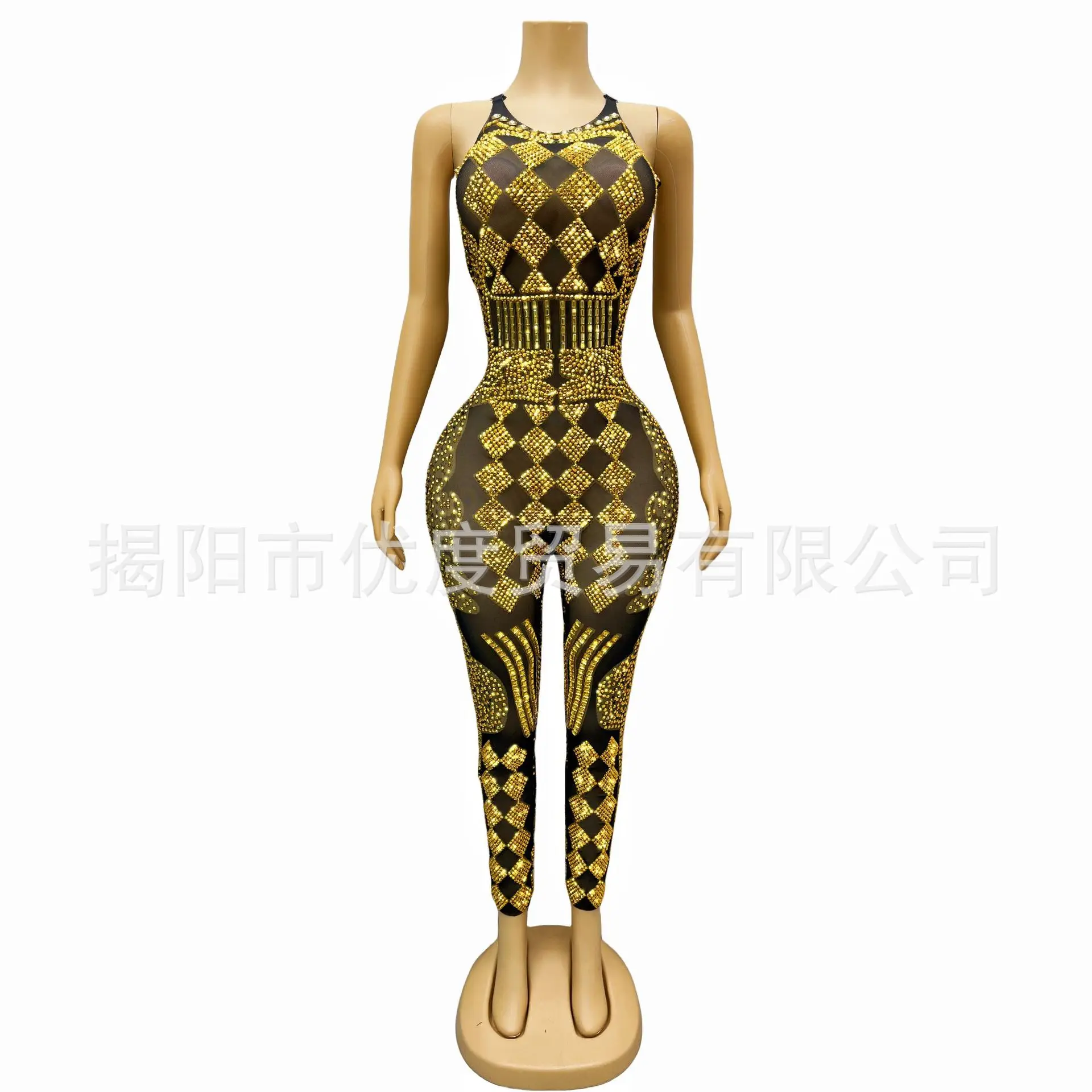 Personality Shiny Handmade Rhinestones Wind Skinny Glam Perspective Mesh Dress Party Night Jumpsuit Poker Vestidos De Bienvenida