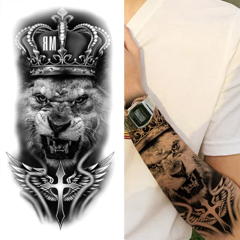 Waterproof Temporary Tattoo Sticker Forest Big Tiger Lion Wolf King Body Arm Hand Cool Art Black Animal Men Women Fake Tattoos