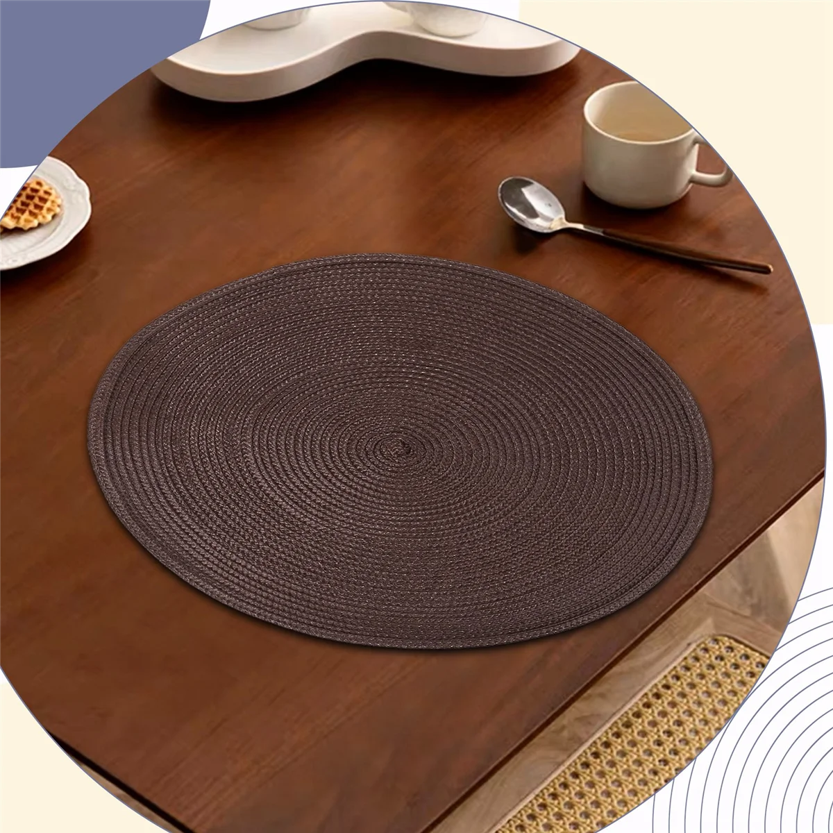 N38R_Round Braided Placemats Set of 6 Table Mats 15 Inch(Brown)