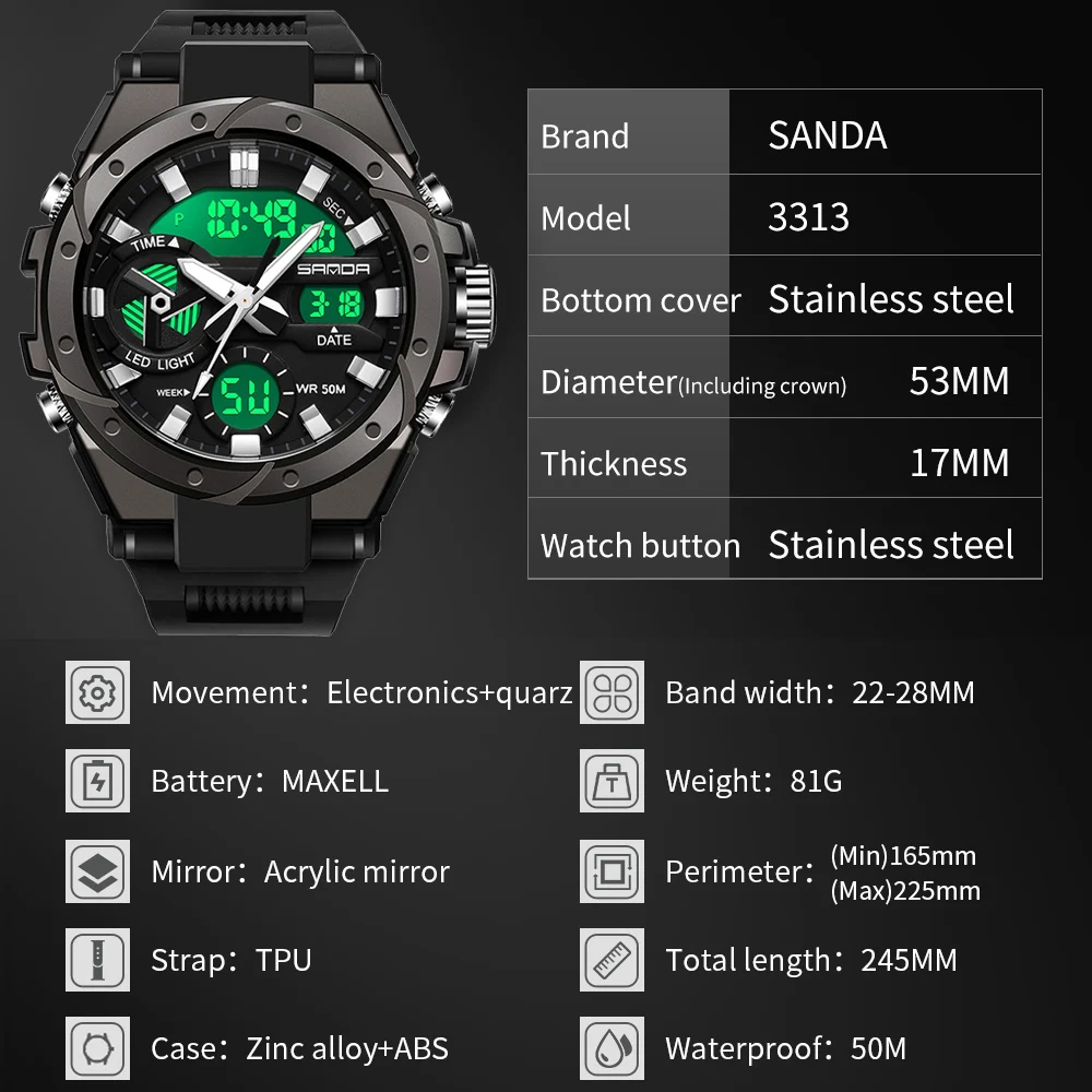 SANDA Brand Watch Men Sport Alarm Clock Waterproof Wristwatches Original Brand Men\'s Wristwatch Quartz Digital Watches