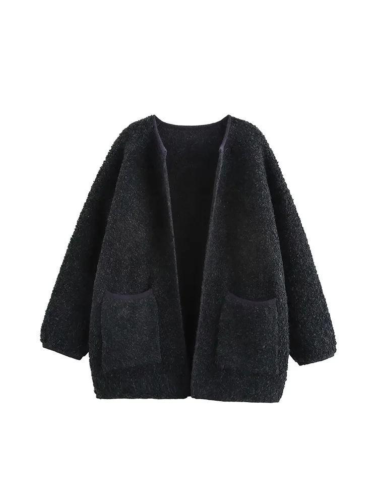 Winter new lamb wool coat for women warm loose solid color medium and long 2024 hot style knitted cardigan top