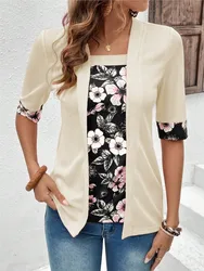 2025 T Shirts Women Fake Two Piece Set Elegant Patchwork Fake Two Piece Shirts Summer Casual Print Half Sleeve Ladies Loose Tops