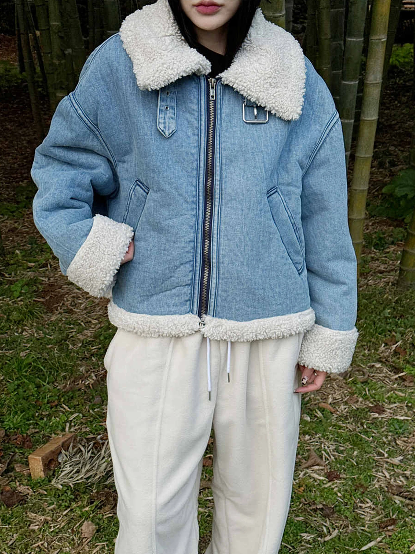 

Denim Coat Long Sleeve Woman Fur Plush Womens Winter Boxy Fit Minimalist Urban Social Anti-Wrinkle Buttoned Fleece-Lined Jackets