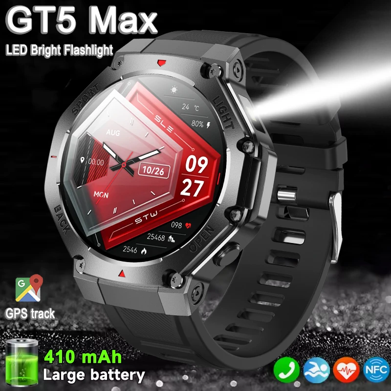 2025 Nieuwe GT5 Max Militaire GPS Smart Horloge Mannen Zaklamp Kompas Waterdichte Sport Tracker Bluetooth Oproep Smart Horloge Voor Xiaomi