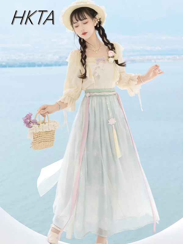 

Chinese Style Lolita Sweet Cute Hanfu Suit Women Petal Sleeve Bow Applique Embroidery Shirt Top Girl Summer Chiffon Long Skirt