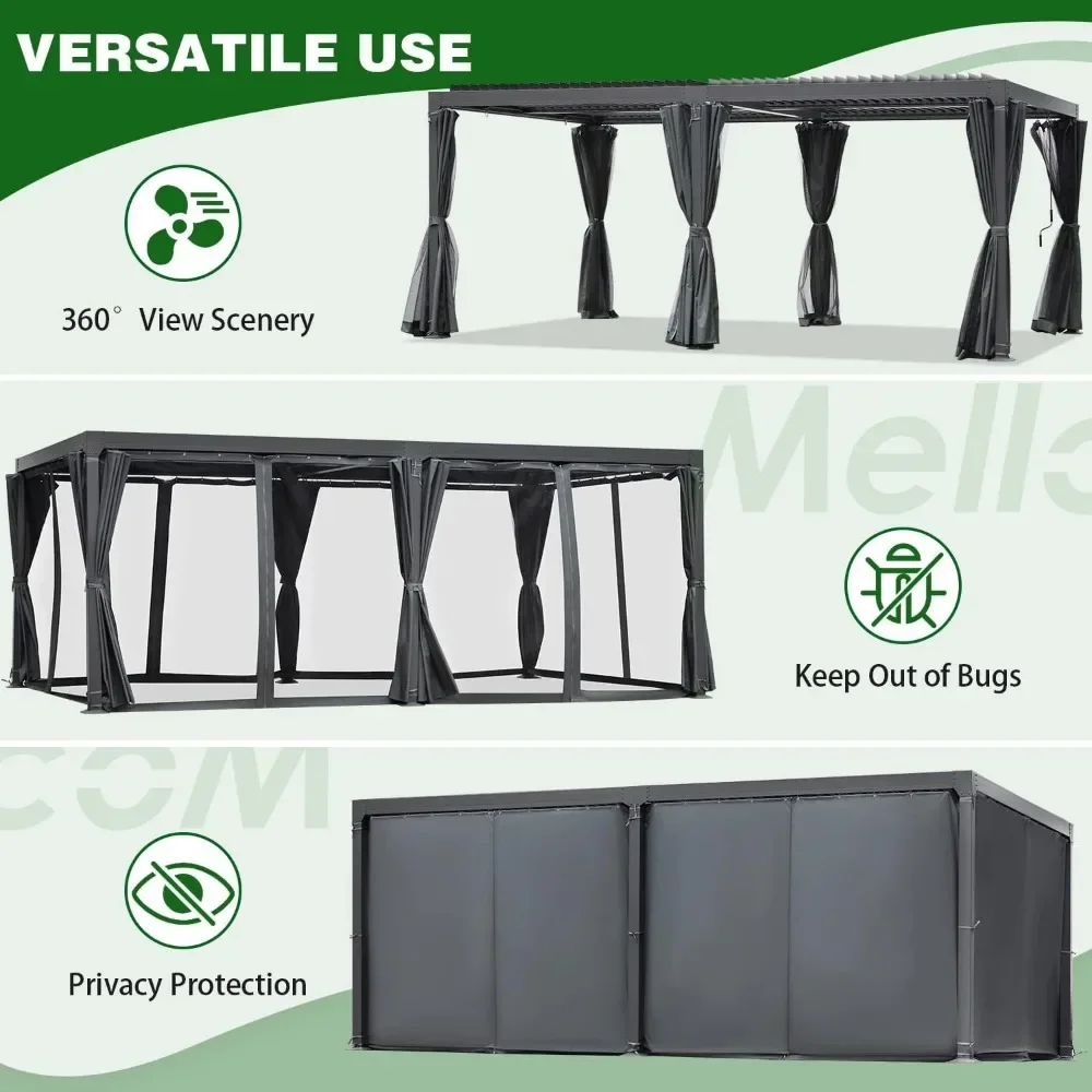 A Louvered Pergola 10x20, Aluminum Pergola with Adjustable Louvered Roof, Outdoor Pergola with Waterproof Curtains and Nets, Gr
