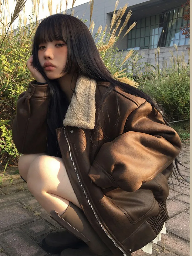 Chic Vintage Winter Lange Sve Lamm Pelz Jaet frauen Lose Casual Leder Und Pelz Inteated Warme Mantel Sli Pendeln Sle