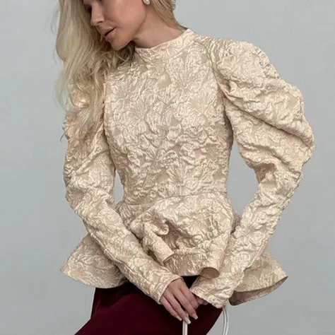Lemongor feminino cor sólida texturizado jacquard peplum topos 2026 nova primavera puff mangas fino ajuste elegante festa zíper blusas