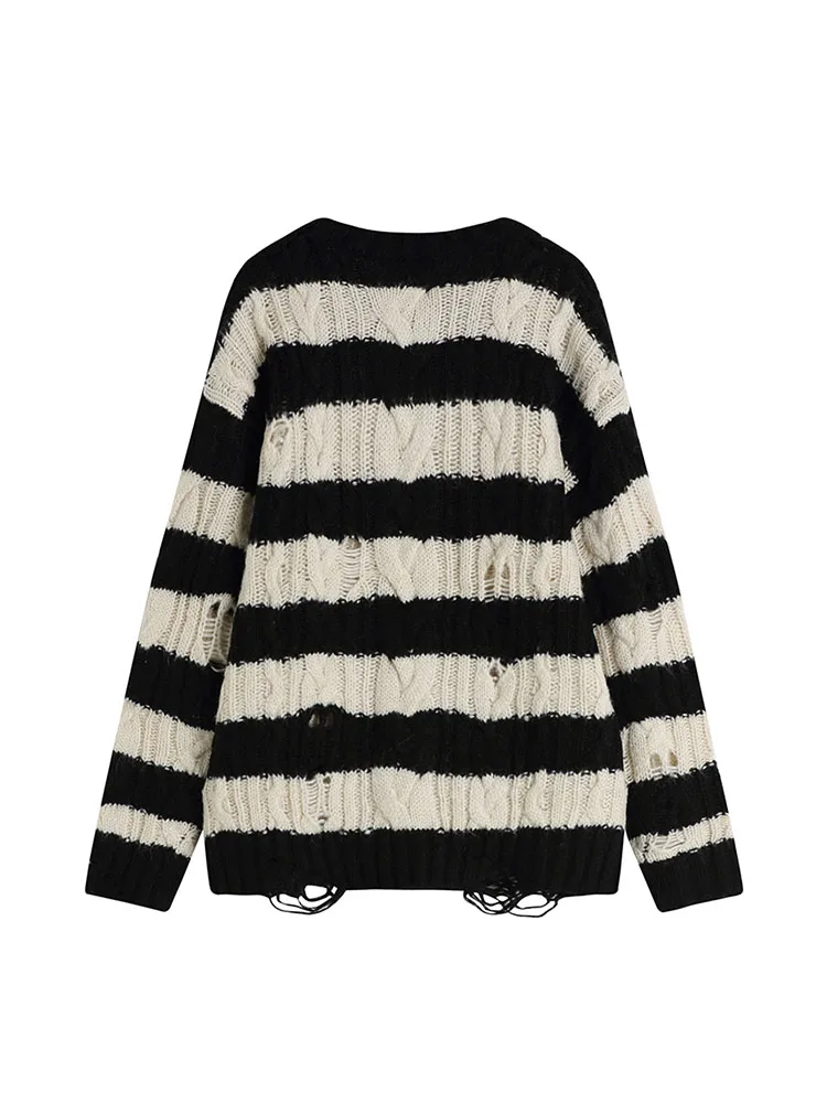 Black And White Striped Gothic Sweaters Women Ripped Holes Loose Knitted Pullover Frayed Fairy Grunge Jumpers Streetwear 2022