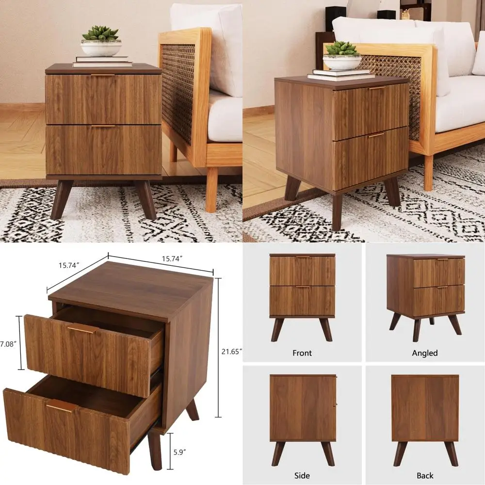 

Современная тумбочка середины века с 2 ящиками, деревянная рифленая конструкция для спальни