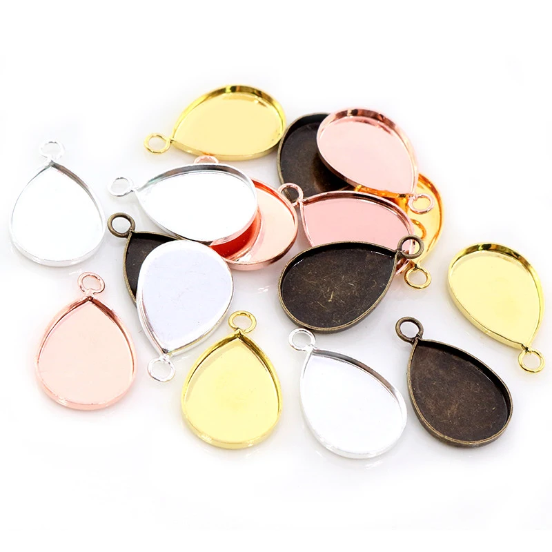 20pcs 13x18mm Inner Size 4 Colors Plated Drop Style Brass Cameo Cabochon Base Setting Charms Pendant necklace findings