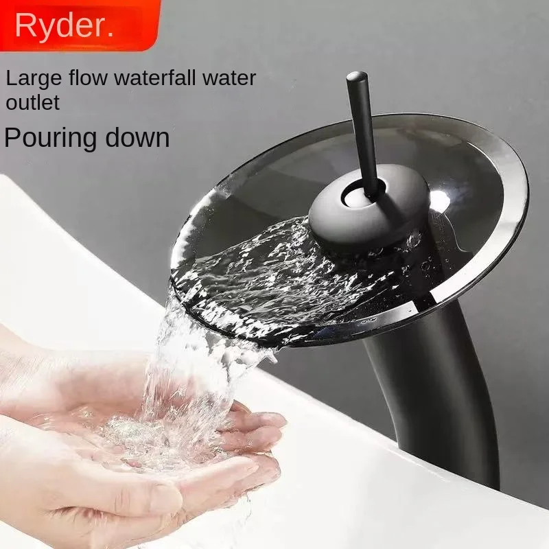 

304 stainless steel material washbasin faucet brushed waterfall faucet fashionable shape round basin faucet glass