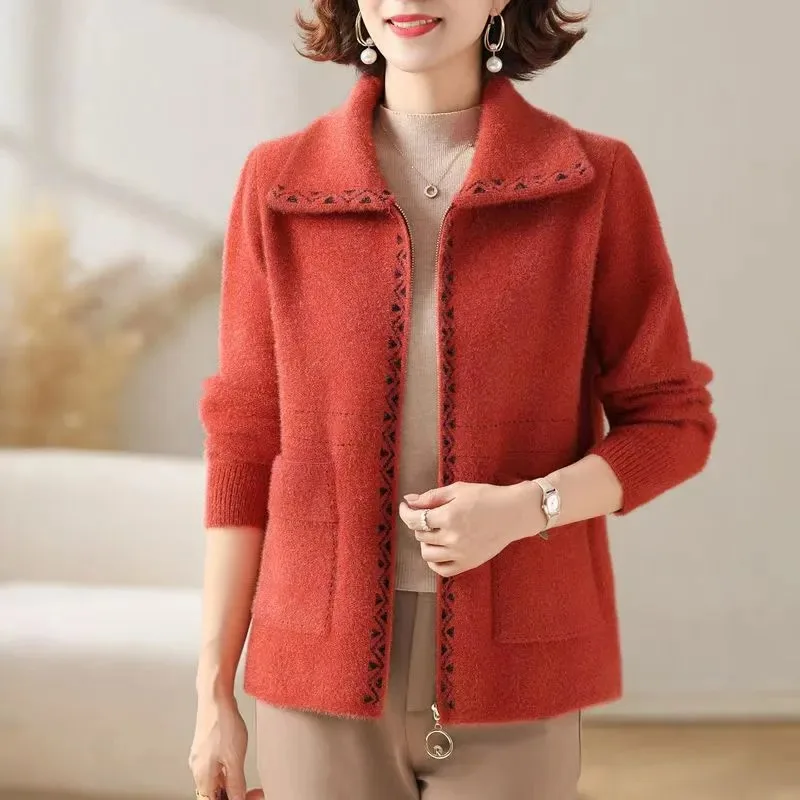 秋と冬の女性のジッパーカーディガンフロッキーポケットコートソリッドカラーカジュアルエレガントファッショントップ