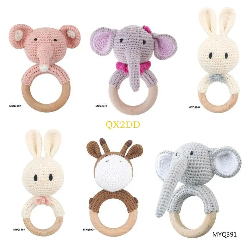 

QX2D деревянная детская погремушка для новорожденных, вязаная крючком игрушка-кролик-погремушка из натурального дерева, для для