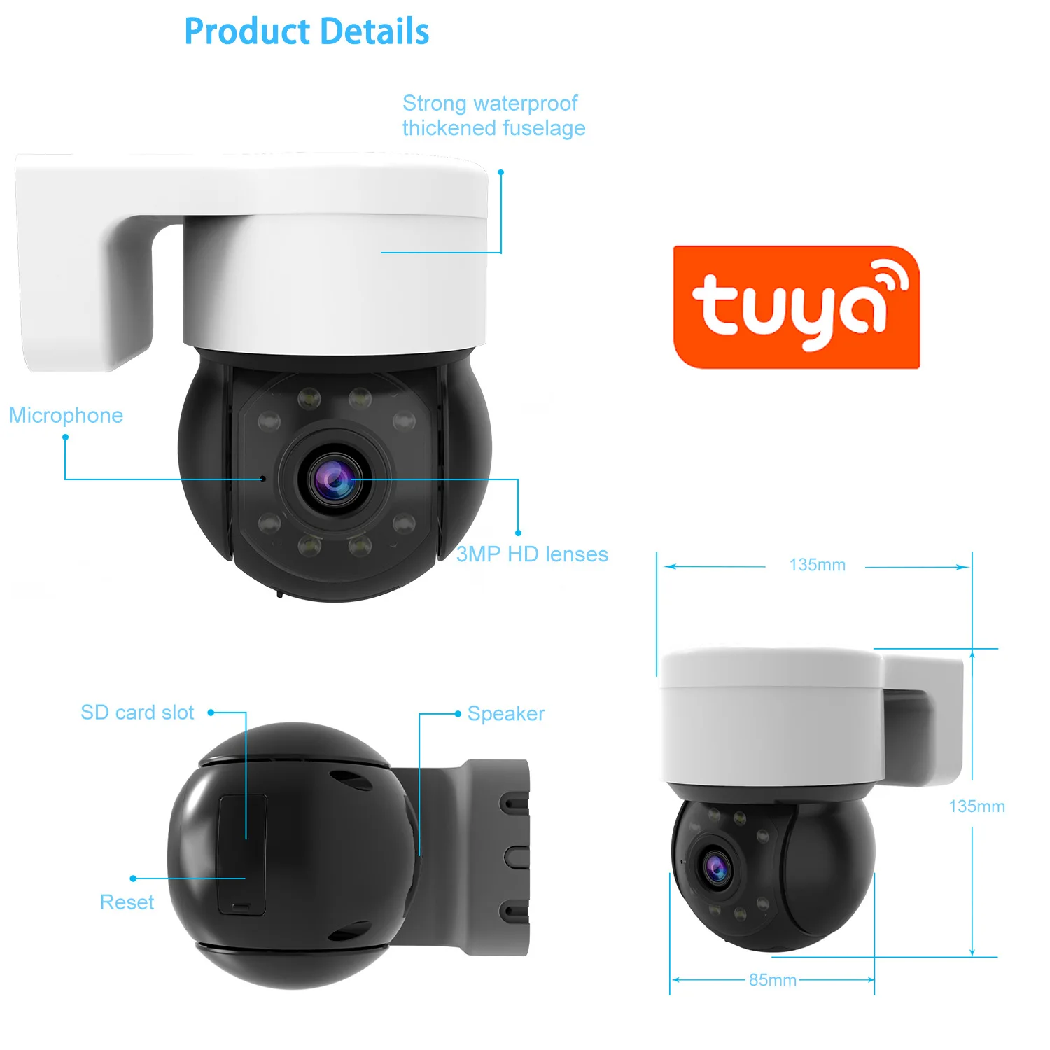 3MP 1296P Tuya APP 무선 PTZ IP 돔 카메라 야외 방수 AI 휴머노이드 감지 홈 보안 CCTV 베이비 모니터