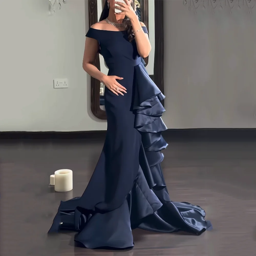 

Customized Navy Bule mermaid Formal Evening Dresses Boat Neck Ruffles A-Line Prom Gown Modern Off The Shoulder Party Dress long