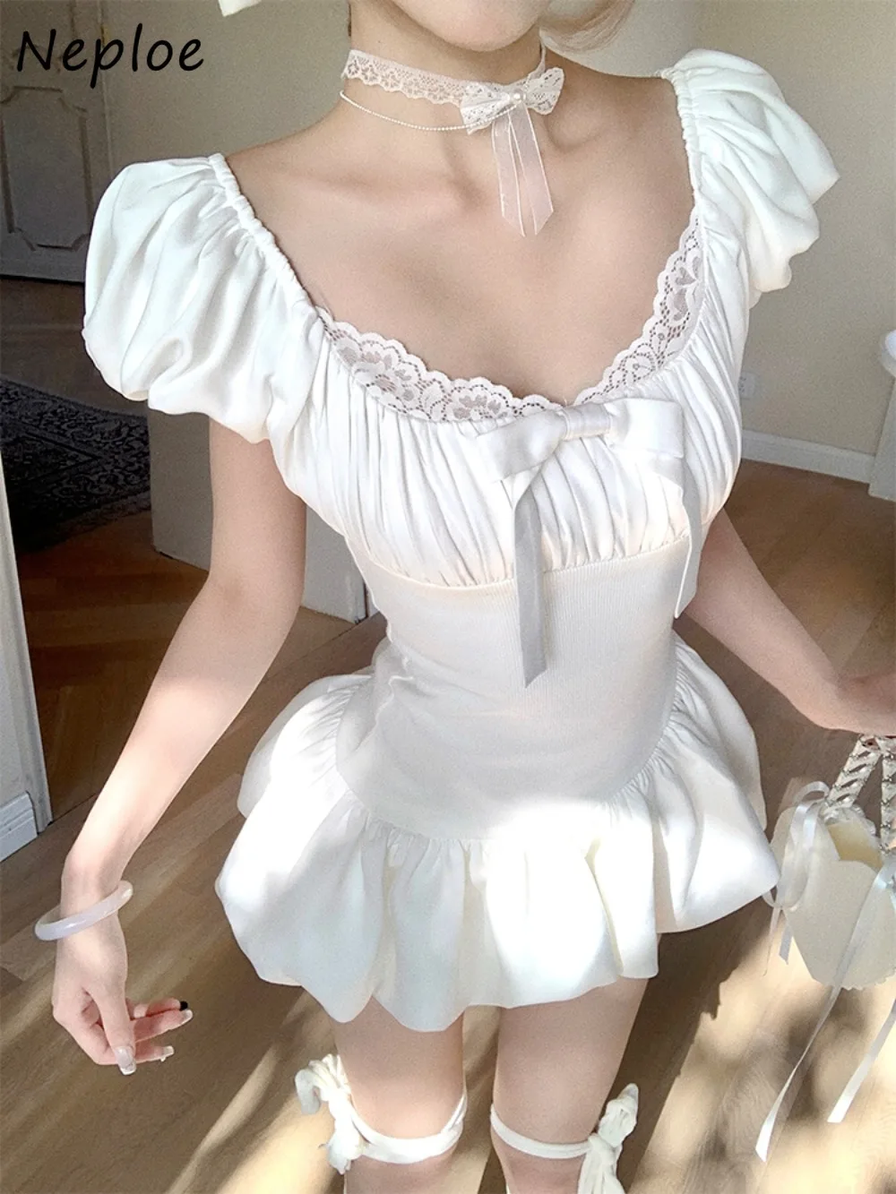 

Neploe Solid Lovely Lace Patchwork Sets Dress French Style Ball Gown Short Ruched Mujer Faldas Elegant Celebrity Slim Suit Skirt