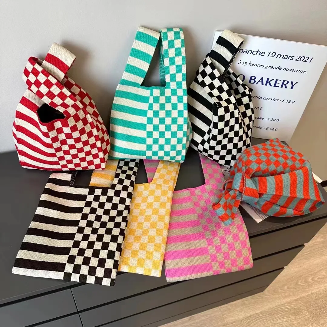 Women Korean Niche Design Tote Bag Striped Plaid Bag Mini Girls Shoulder Bag Handmade Knot Wrist Bag Reusable Love Knit Hand Bag