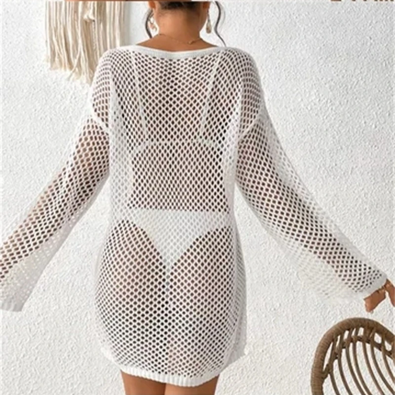 summer Lady sexy Hollow Out Mesh Pullover beach Smock t-shirt Women's Knitted Sweaters See Through casual loose long sleeve Tops
