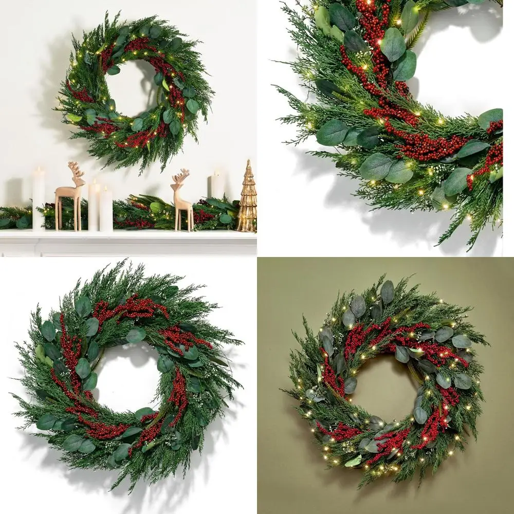 

24-Inch Cypress & Eucalyptus Wreath with Red Berries, 100 LED Lights, Battery-Powered Timer, Farmhouse Style for Year-Round Indo