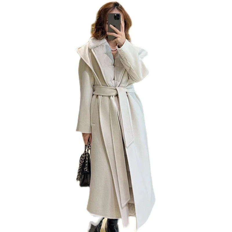 女性用ホワイトグースダウンフード付きジャケット、厚手の両面ウールファー、ミドル丈、ロングミンクファー、スリミングカシミヤダウンフード付きコート