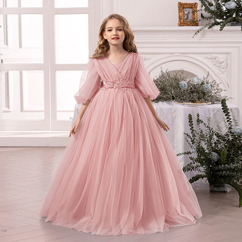 

Girls' Long Pink Evening Dress, Children's Birthday Party Host Performance Costume, Princess Dress, Flower Girl Wedding Dress, Dress