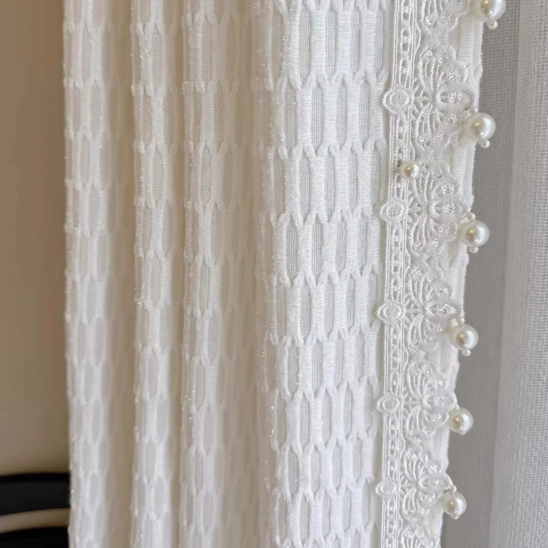 Shiny Yarn Embossed Woven Geometric Texture Cotton Linen Chenille Half Fabric Half Sheer Curtains Window Drapes for Living Room