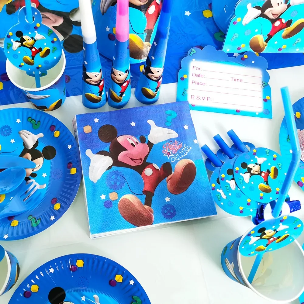 Disney Blue Mickey Mouse Theme Party Supplies Girls Birthday Background Decoration Cup Plate Knife Fork Spoon Disposable Cutlery